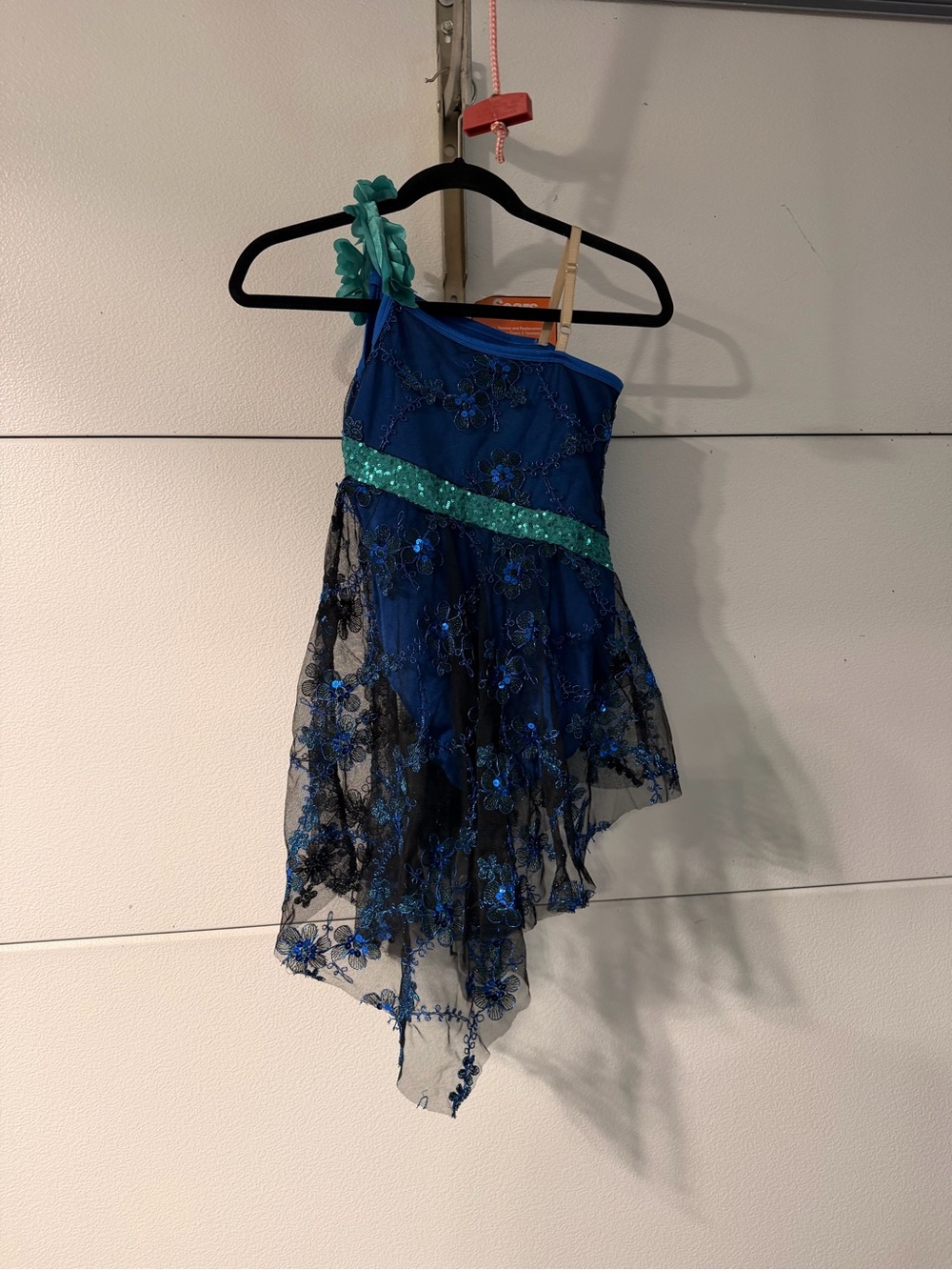 Girls Blue One-Shoulder Floral Lace Dress with Teal Sequin Sash